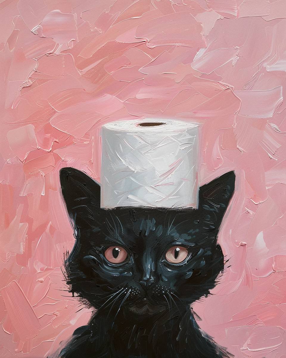 Smooth oil painting, black cat peekabooing from the bottom of the canvas with a toilet paper roll on his head, pink background, preppy pink colors --ar 4:5  --v 6.0