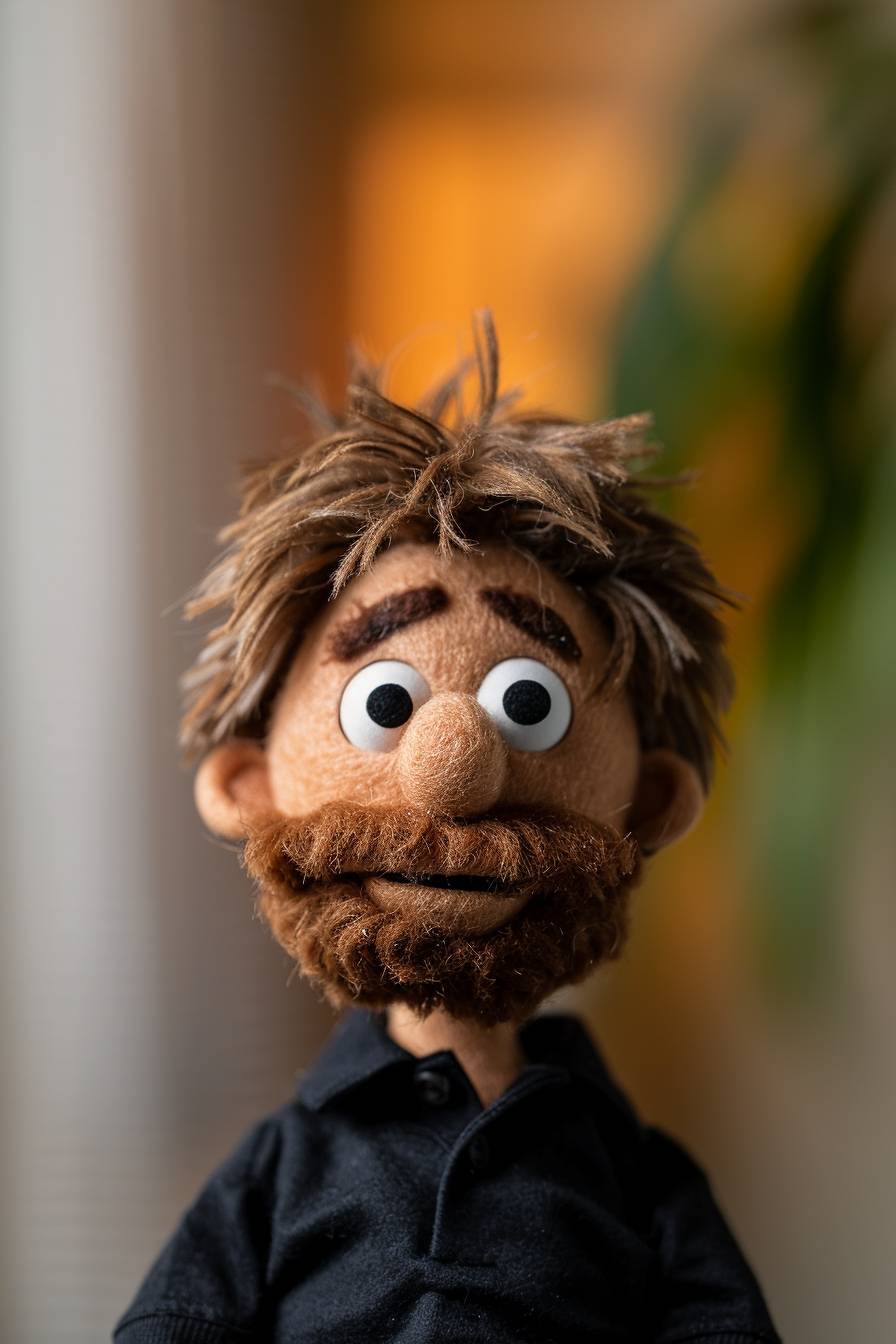 As a muppet by Jim Henson muppet style, brown hair, short brown beard, hazel eyes, dressed in a black polo, made of felt and fabric, solid and out of focus wall background.