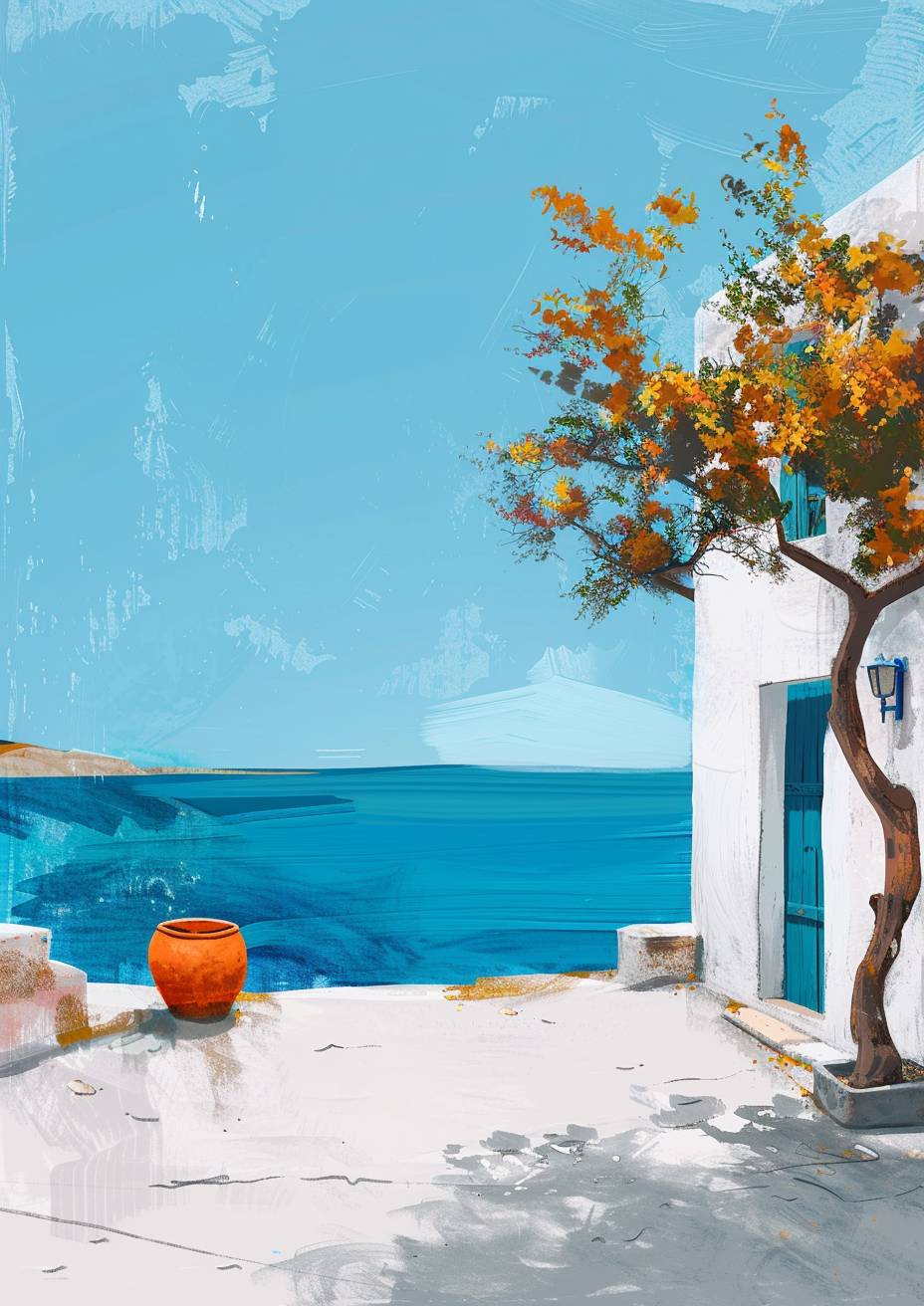 necard Aegean summer Greek artistic painting bohemian modern minimal plain naive style with lots of empty space