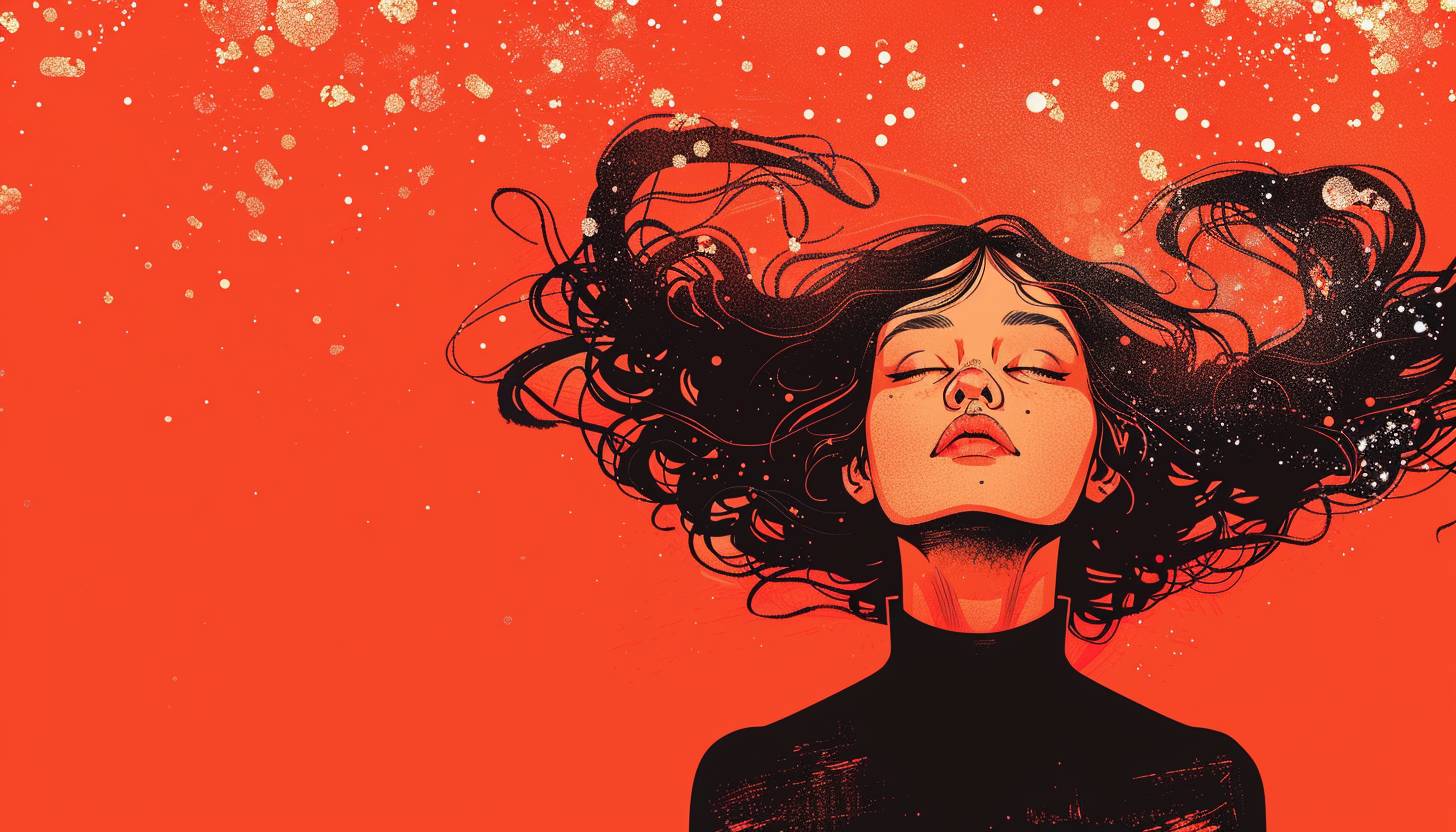 A comic book style illustration of a girl with eyes closed and short flowing hair attempting to understand the knowledge of the universe, plain red background.