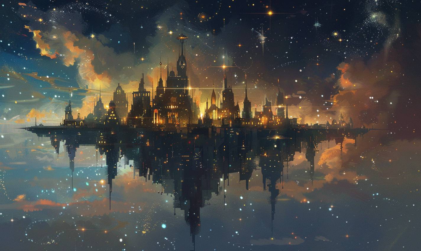 In the style of Krenz Cushart, a celestial city floating among the stars