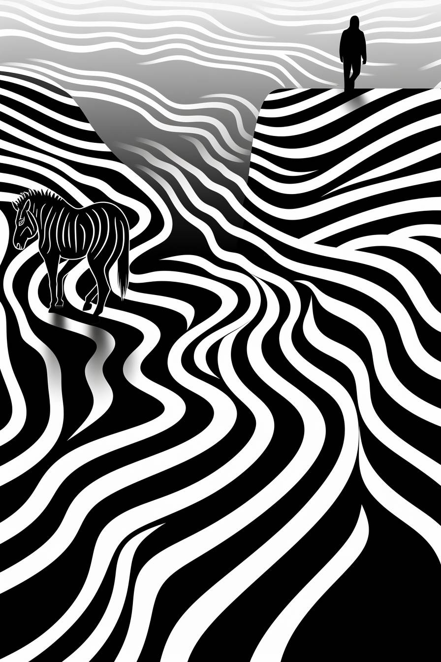 A full body zebra draws a track or swath through a Horizontal Striped background, which therefore bends downwards. Airial view from the distance, wide angle, clean Abstract minimalist vector illustration in black and white colors. the stripes of the zebra and the stripes of the background exactly fit into each other at the point where they touches. The artwork lives from the contrast of the natural stripes of the zebra and the almost regular horizontal stripes of the bending background. Boho style, risograph print.