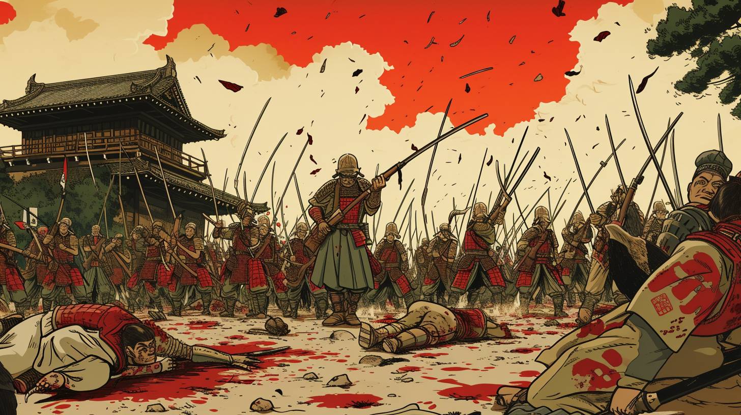 ancient japanese troops dead in war, cartoony
