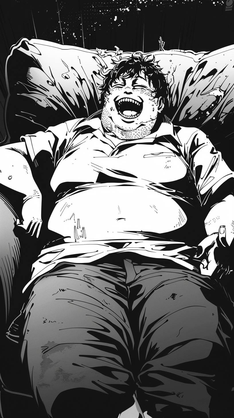 Black and white manga in the style of Junji Ito, featuring a 300-pound obese wild boar man sitting on a tattered sofa, laughing heartily. He has short black hair and is wearing white short sleeves. In the night scenes, there are close-up shots and foreground close-ups with a luminous color scheme and a realistic style. The illustration includes matte finishing, dark blue and amber tones, underground comics, UHD images, subtle ink applications, dark green and dark blue, black contours, creating a dark and terrifying atmosphere. 8K rainbow 5.
