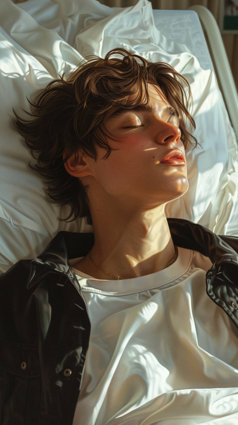 病院のベッドに横たわる超ハンサムな10代の少年、目を閉じており、背景には病棟が描かれており、超リアルなスタイル。