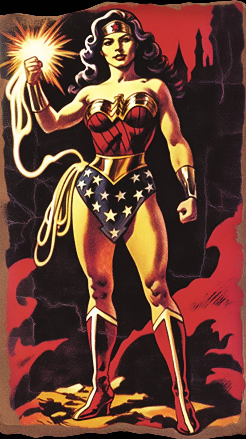 Wonder Woman, in the style of Frank Frazetta, Marvel Comics, mind-bending illusions, womancore, flawless line work, made of mist, comiccore, wild and daring, shot on 70mm, dark gold and red, detailed costumes, chiaroscuro mastery, creepypasta, award-winning