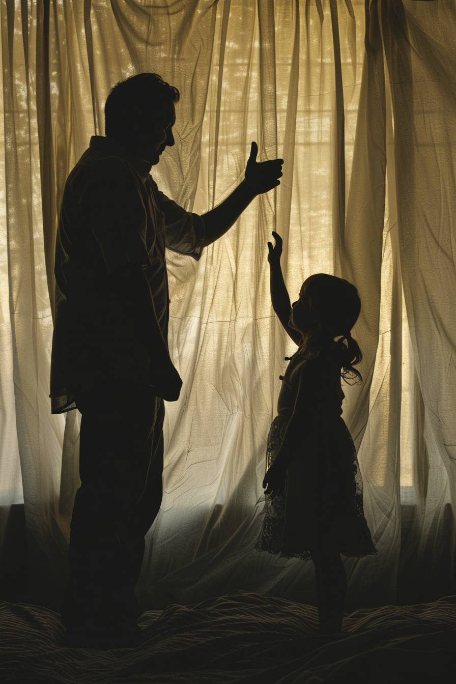 Magazine editorial photography for Father's Day, showing a silhouette of father and a daughter, envisioning the future, showing special bond between father and daughter