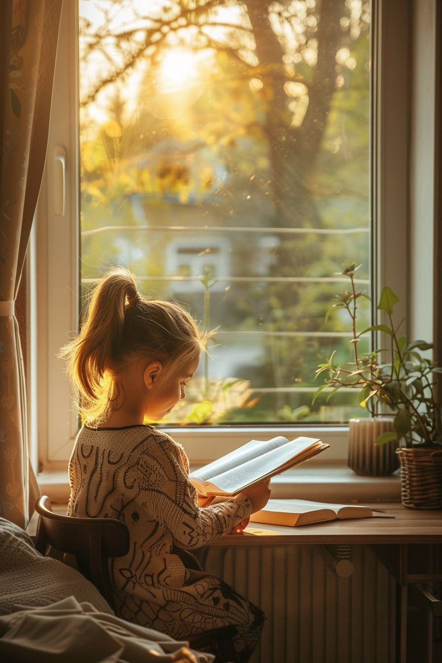 A photograph of a child reading a book at her desk by a window, smiling. Happy. Golden hour. Bedroom.