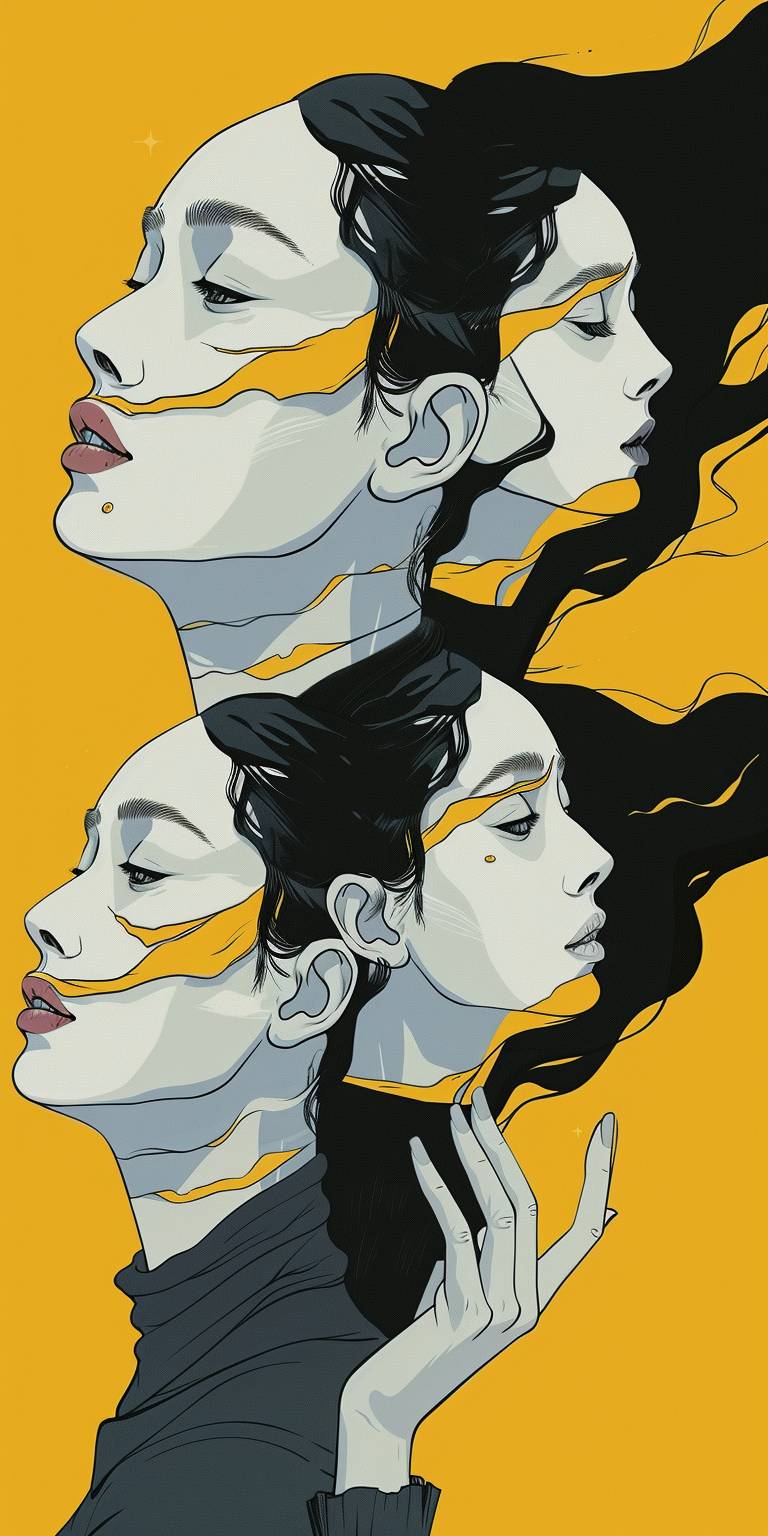 An illustration of multiple faces melting seamlessly into each other in the style of James Jean, a full body portrait of a woman with dark hair wearing a black turtleneck and hands holding a mask in front of her face, a beautiful female form with an elegant long neck against a yellow background with clean lines and high contrast.