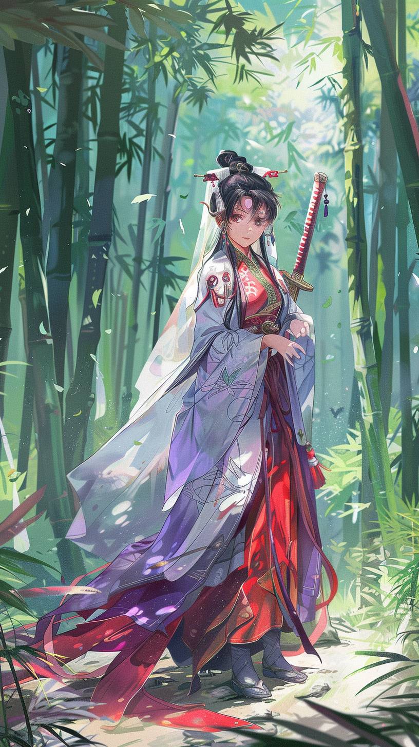 A young woman in Hanfu, wearing purple and red long sleeves, and carrying an ancient Chinese sword on her back, stands under a bamboo forest. She is dressed in a white veil and black shoes, with a smiling expression. This is a character illustration of Genshin Impact in the style of an anime fantasy illustration. The background is a green color scheme of a bamboo forest. The character design features bright colors in a fantasy style anime. It appears to be a studio light, full-length portrait animated illustration. --ar 9:16  --v 6.0