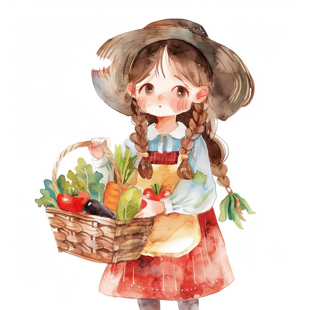 1717910265 watercolor, flat design, simple lines, simple shapes, hand drawn doodle by Kestutis Kasparavicius, the little girl is holding a basket of vegetables in her hand.