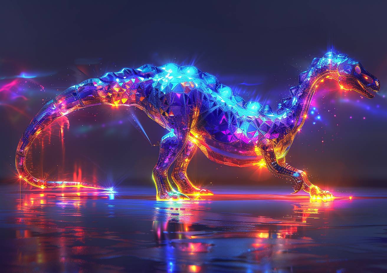 A whimsical doodle of a jewel box dinosaur, prismatic refractions, tenebrism, glowing radiant colors, strong visual flow