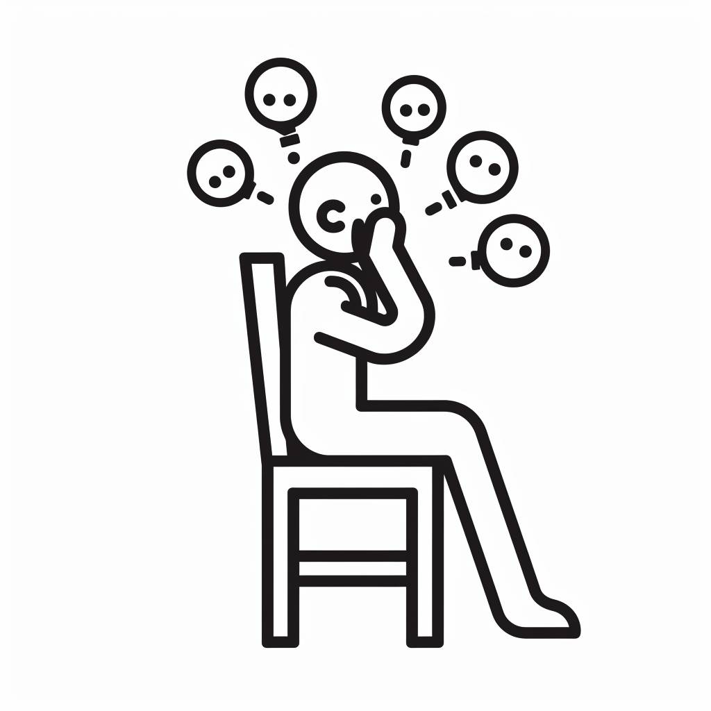 椅子に座ったスティックマンが顔に手を当て、考え込んでいます。頭の上には3つの吹き出しがあります。プロフィールから見た姿勢で、黒線、白い背景です。