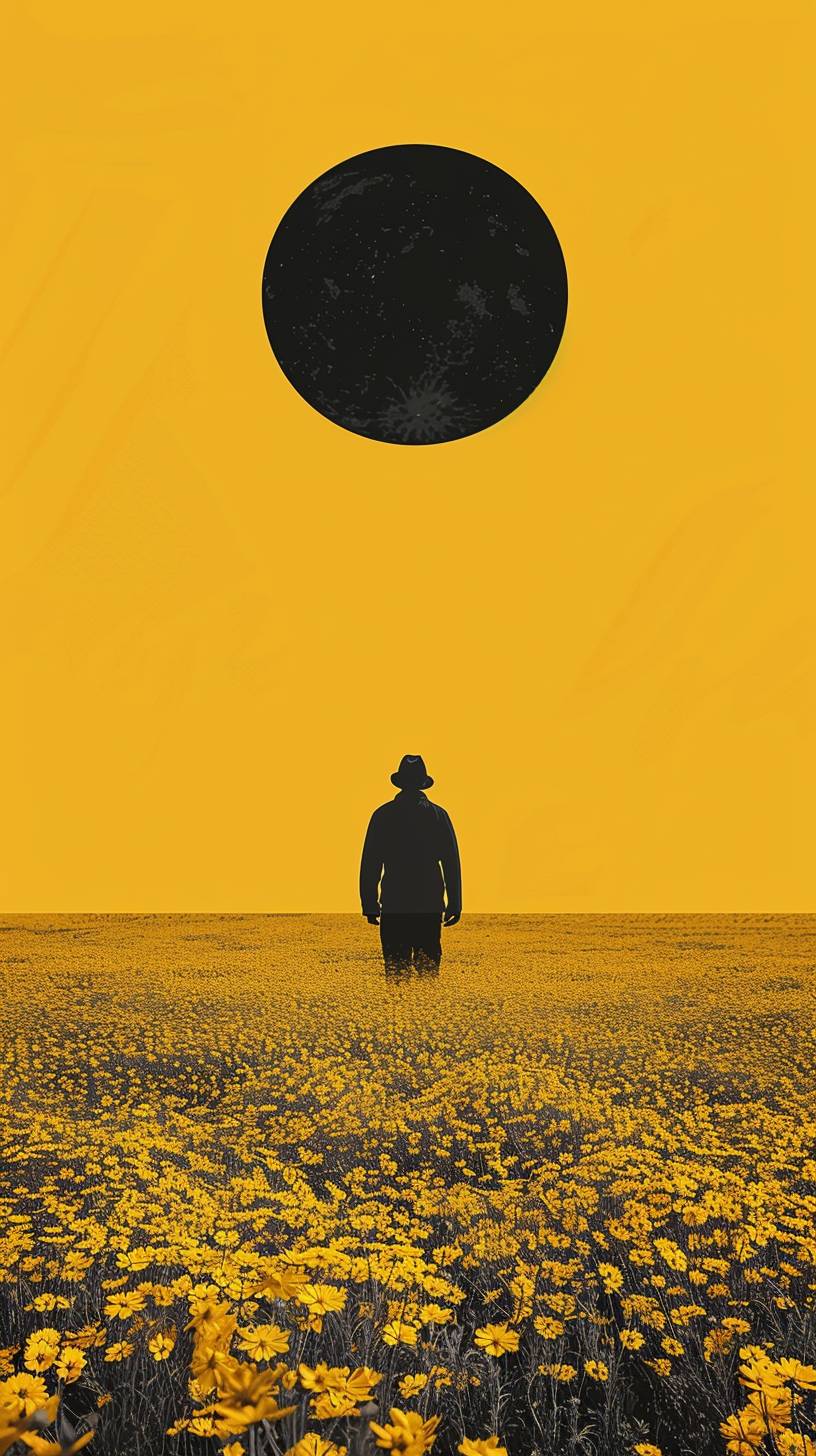 A minimalistic surreal digital art piece depicting an isolated figure standing in the middle of a vast field covered with yellow flowers. The person is wearing black and a hat, their back to camera creating a striking contrast against the vibrant yellow landscape. Above them floats a large black circle, adding depth and symmetry to the scene. This composition evokes a sense of solitude amidst nature's beauty, in the style of a surrealist artist.