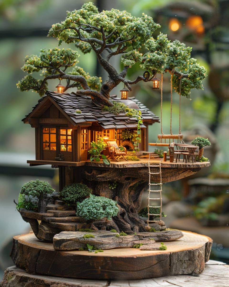 木製のベースにミニチュアの木の家のジオラマがあり、小さなロープはしご、スイング、そして豊かな木の冠が特徴です。木漏れ日が葉っぱを通り抜け、楽しい影を作り出します。