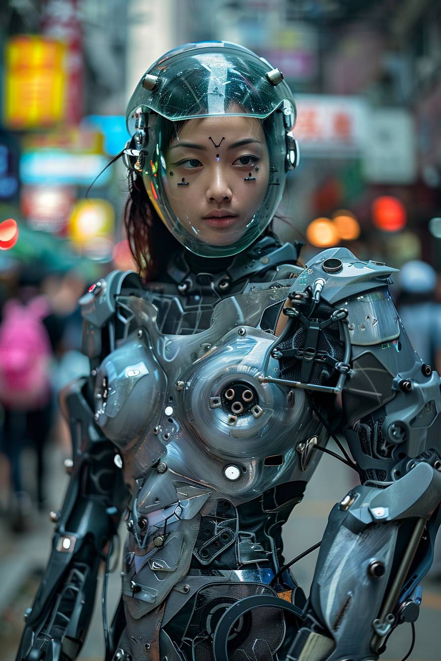 A beautiful cyborg princess wearing a clear glass helmet, she stood on the streets of Hong Kong in a light textured costume of mechanical steel, sword in hand, with sad eyes.