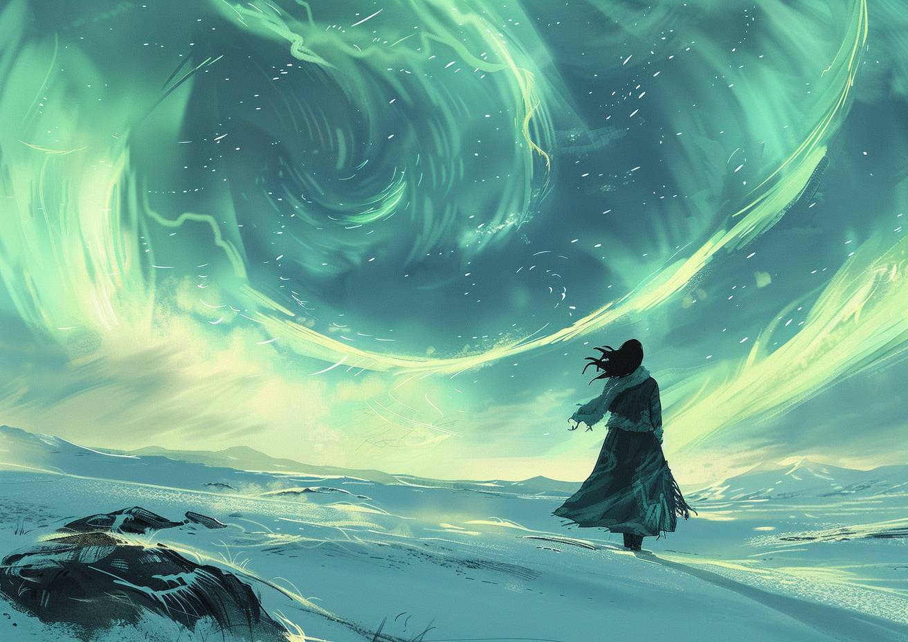 Comic book illustration, an Inuit woman dances on the tundra, muted colors, dynamic lines, swirling aurora lights --ar 7:5 --stylize 250 --v 6.0