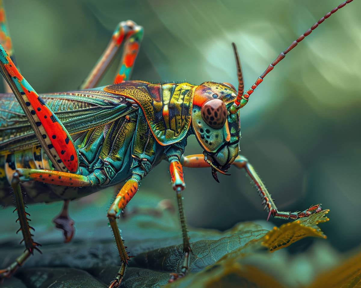 ハイパーリアルなスタイルで、背景には[色1と色2]がある、クローズアップショットで美しい[昆虫-環境]、高精細の写真と鮮明なディテール、鮮やかな色合いのデジタルアート。