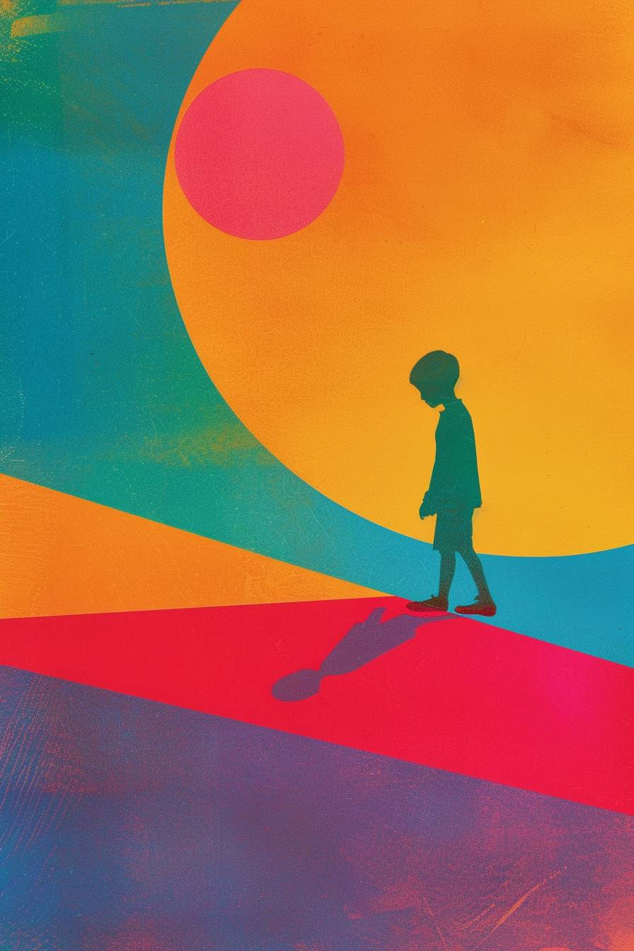 A 10 year old boy wearing high heel pumps, using simple shapes with a woodblock technique and a vibrant colour palette of red, yellow, blue, green, purple and orange in the style of midcentury modernist graphic design poster art in the style of Peter Max and Victor Moscoso.