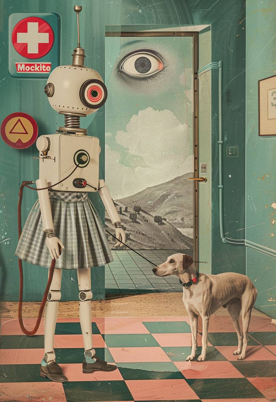 Surrealistic cut and paste collage in the style of Wes Anderson depicting a female robot with one large eye wearing a skirt standing on a checkered floor holding the leash to her dog who is half robotic and half natural looking animal in an old green hospital room, with pastel colors and a red cross sign hanging from the wall behind the subject. Showing a full body view.