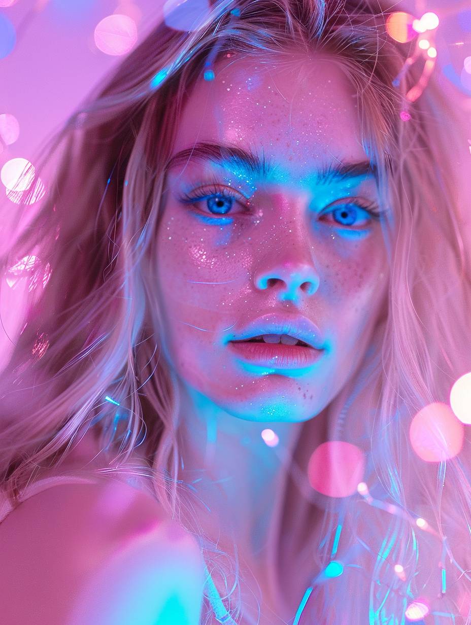 Portrait of a beautiful woman with long blonde hair, light makeup, and pink lips. She has neon blue eyes and is wearing a white top with purple glowing liquid. The scene has a soft pastel, dreamlike atmosphere and glows with neon pink.