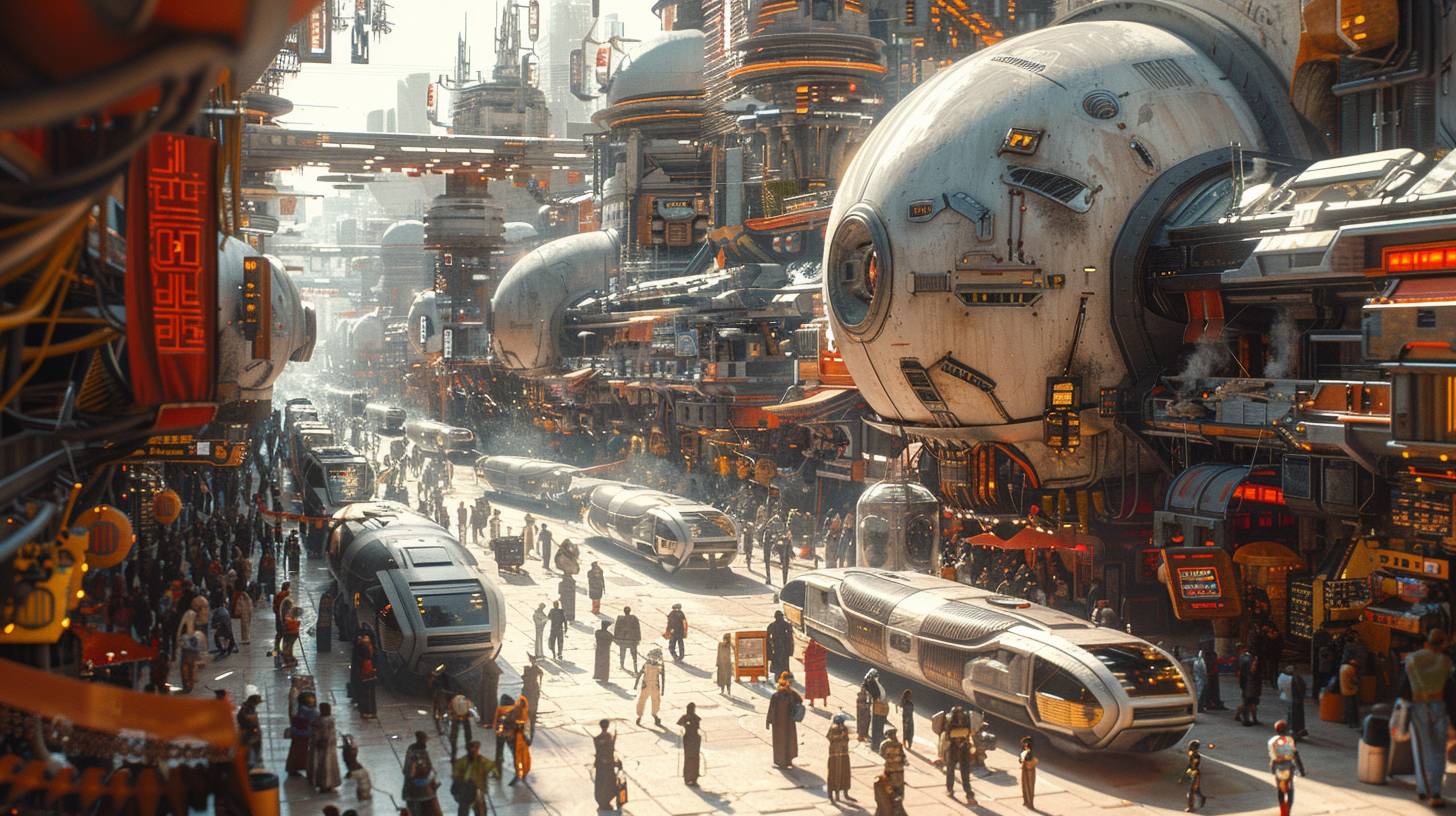 A bustling urban scene depicting a future society where humans and cyborgs coexist, inspired by the works of H.R. Giger and Syd Mead. The streets are lined with futuristic buildings featuring sleek, modern architecture and biomechanical enhancements. People with cybernetic limbs and implants interact with advanced robots and holographic interfaces, creating a seamless blend of organic life and cutting technology. The vibrant cityscape is alive with the glow of neon lights, flying vehicles, and bustling activity, embodying a harmonious yet complex vision of a cybernetic future society.
