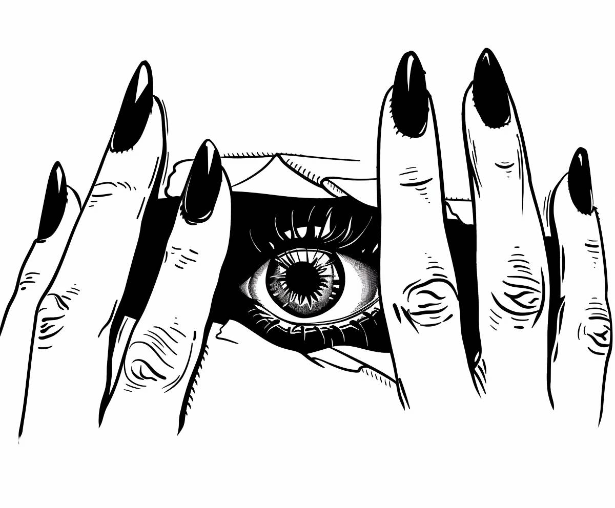 A simple coloring page line art illustration of an eye peering through the cutout hole in white paper, hands with black painted nails holding up two fingers on either side. A simple black and white vector art style with bold lines in the style of vector art.