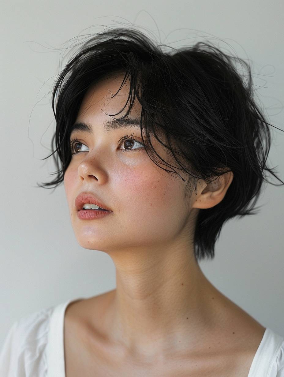 Japanese woman, cute, salon model, short hair, black hair color, looking slightly diagonally, white background, light shining on it.