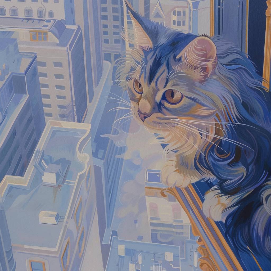 An illustration of the POV of a cat on a high building watching the city, vertigo