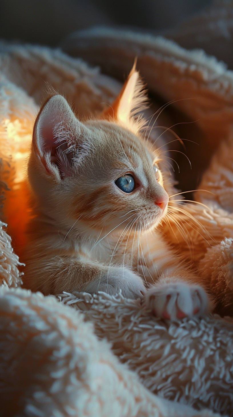 A small, white kitten with blue eyes, curled up in a cozy blanket, softly lit by the warm sunlight streaming through a nearby window, with a tiny pink nose and delicate whiskers.