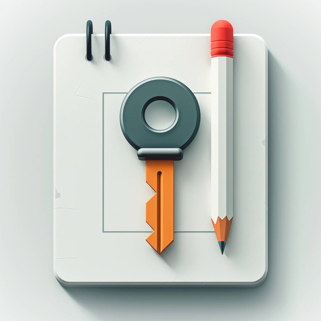 Icon with a key and a pencil separate on a square white notepad, presented in light green color in a minimalistic style