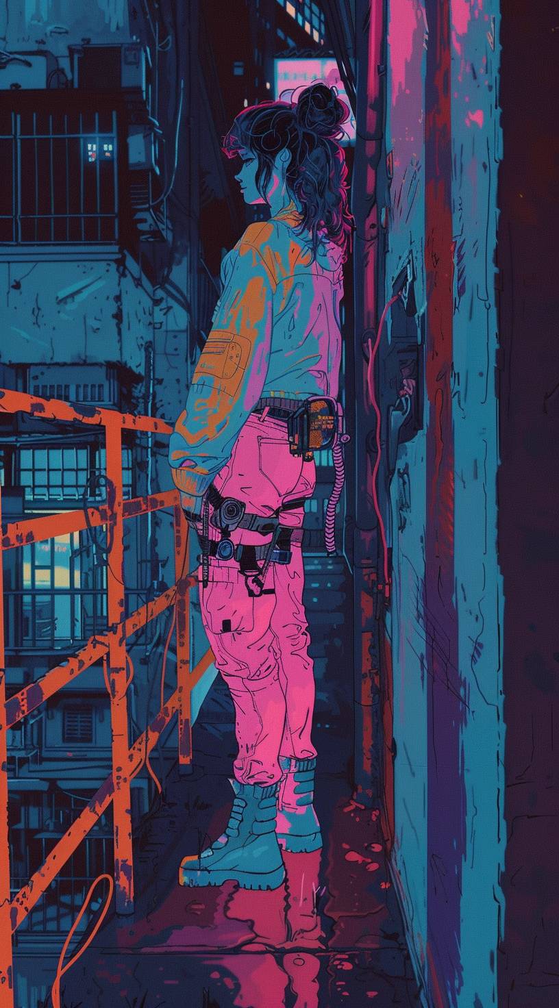 A lady wearing a technicolor outfit, standing in the gangway, in the style of cyberpunk manga, resembling Josan Gonzalez's artwork. The outfit is sky-blue and pink, with a strong sense of realism. The theme is transportcore and it features blink-and-you-miss-it details. It has a vaporpunk atmosphere. -ar 71:128 -v 6.0