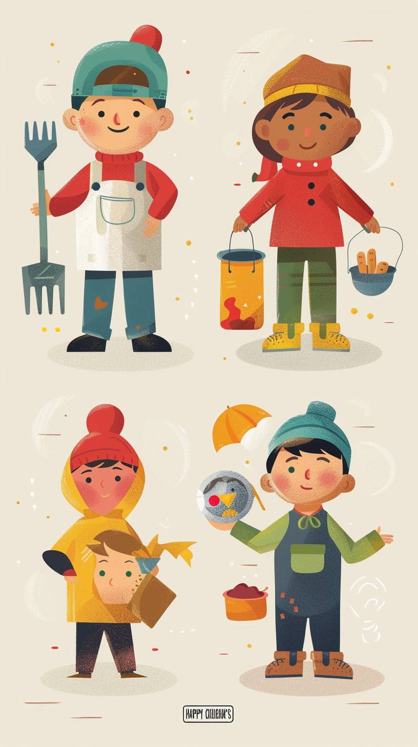 "HAPPY CHILDREN'S DAY", kids playing different occupations, flat illustration