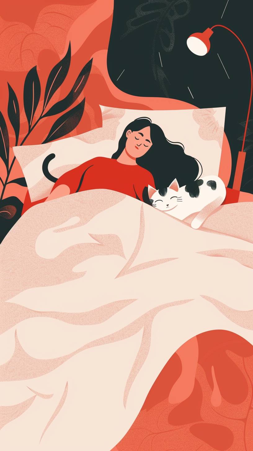 A flat illustration of a woman sleeping in a bed with a cat lying on her head, minimalist, warm, utilitarian, geometric, danish design