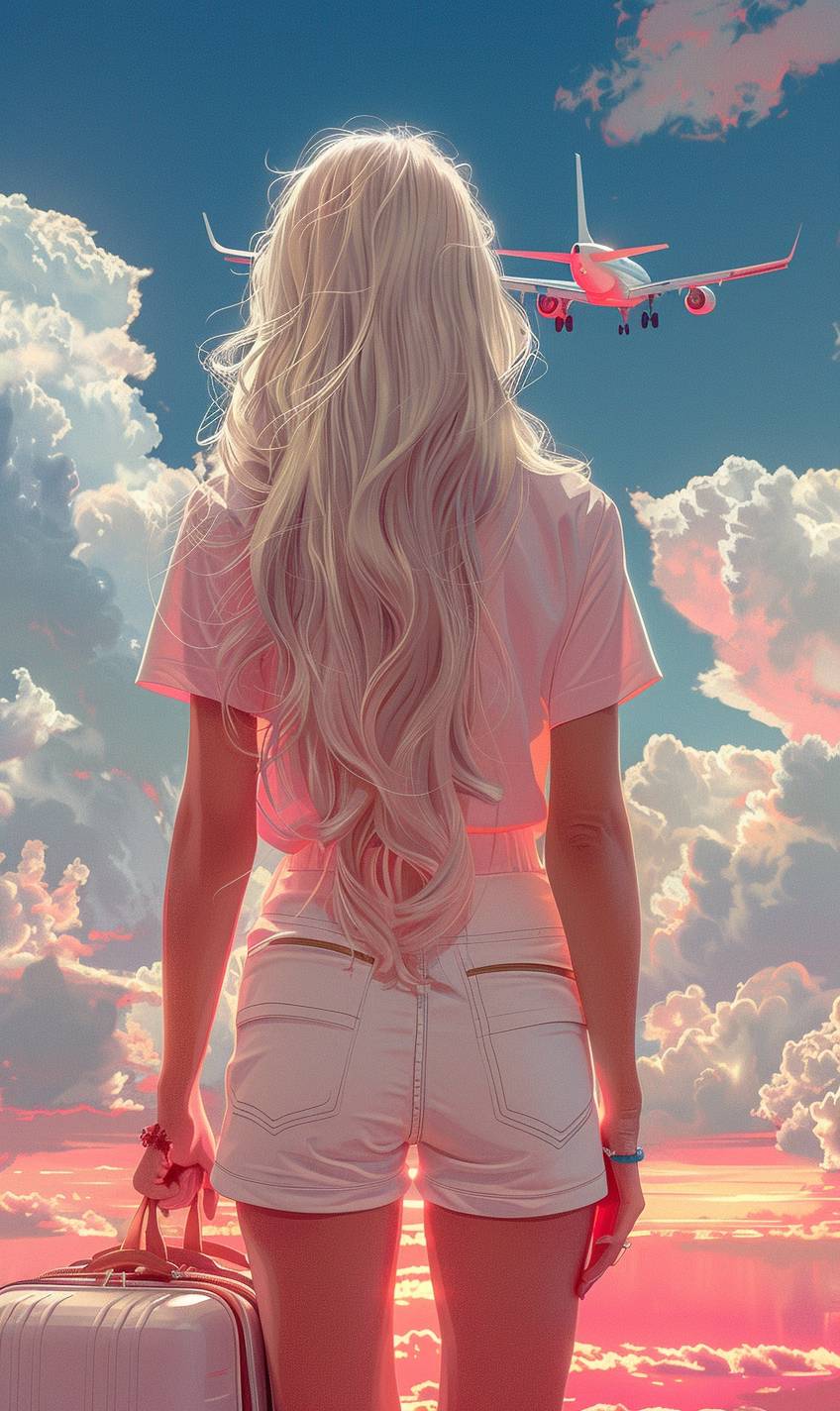 Vector illustration of a back of a white-skinned girl with long white hair standing in front of a flying airplane holding a luggage bag in flat style, summer, pastel color palette