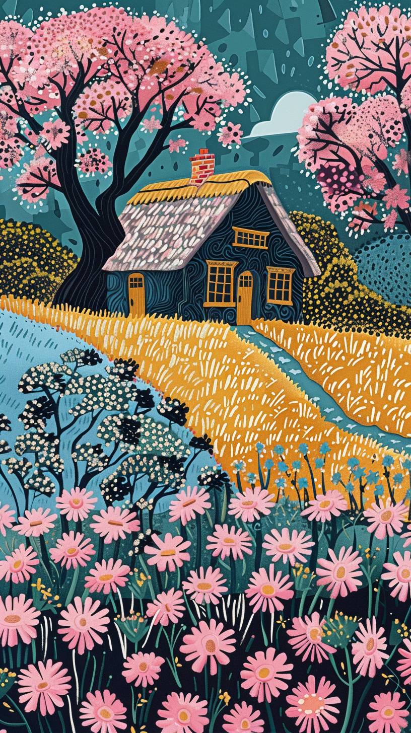 A peaceful countryside scene, a small cottage with a thatched roof, fields of blooming flowers guided by Rob Ryan