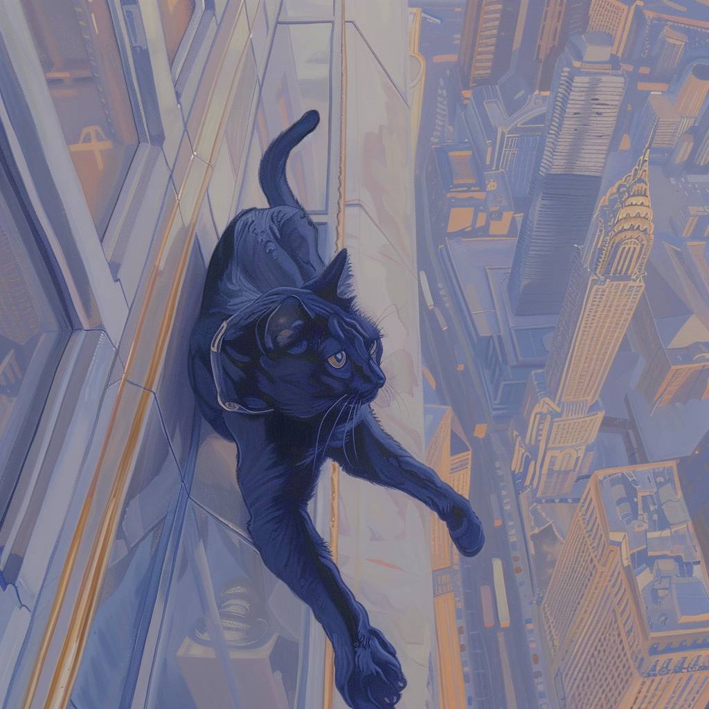 An illustration of the POV of a cat on a high building watching the city, vertigo