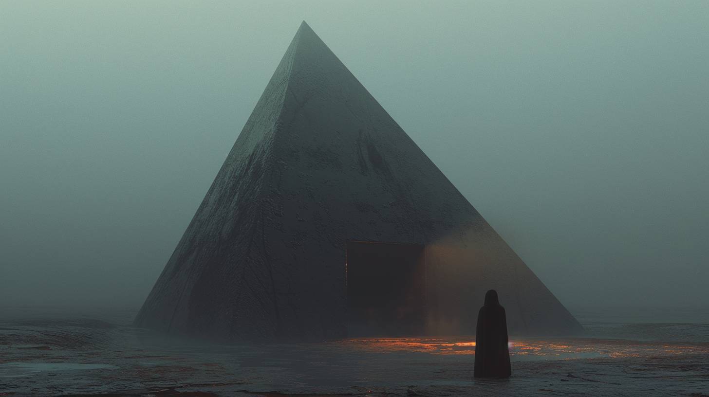 Wide shot of surreal smoke wafting composition by Andreas Levers, featuring a male cyborg elf in front of a huge pyramid-alike gold maroon white formation. The background consists of an alien abstract geometry by Andreas Gursky floating in mid-air, with a robe shaped and coloured by Shiho Aoshima. Includes subsurface scattering, play of shadow and light, and a very alien abstract geometry background by Kevin Mcneal and Peter Saville. Warm color grading and low contrast.
