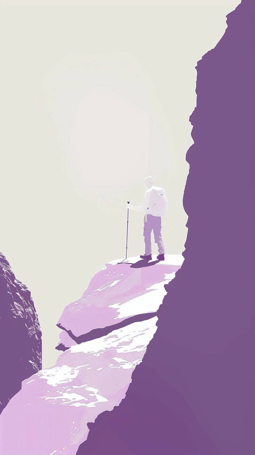 Hiker, in the style of minimalist illustrator, reinterpreted human form, iconic album covers, white and violet, stop-motion animation, elongated forms, flat illustrations