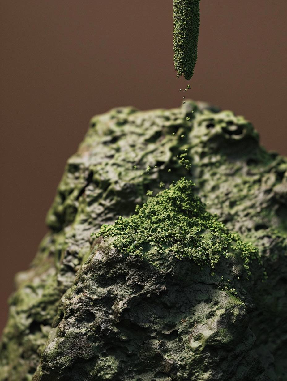 A close up shot of moss green powder pouring over a rock by Kühl & Han in front of a solid brown background, Vincent Schwenk, hyperrealist, texture, supernatural, artsy, minimal design, modern