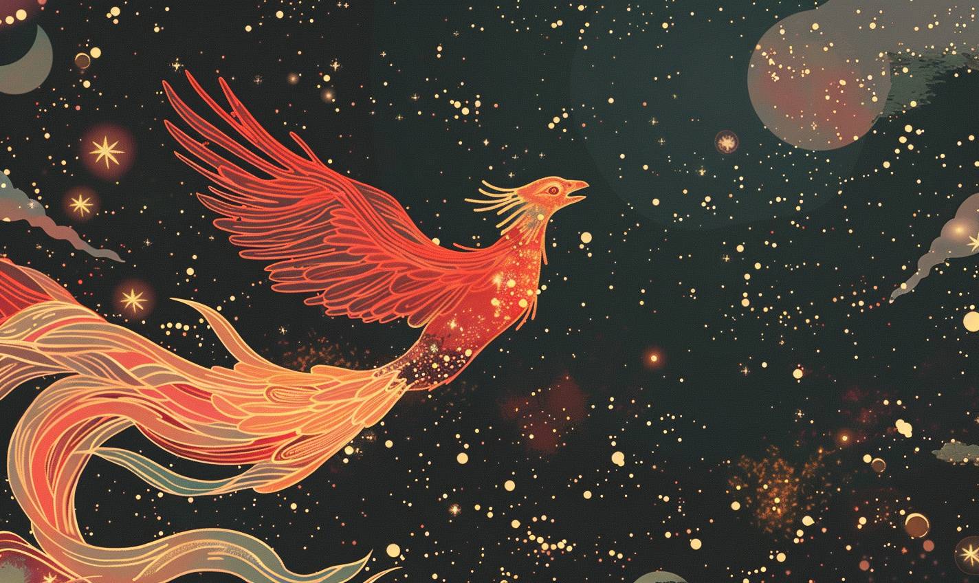 ハリエット・リー＝メリオンのスタイルで、宇宙を滑る宇宙の不死鳥