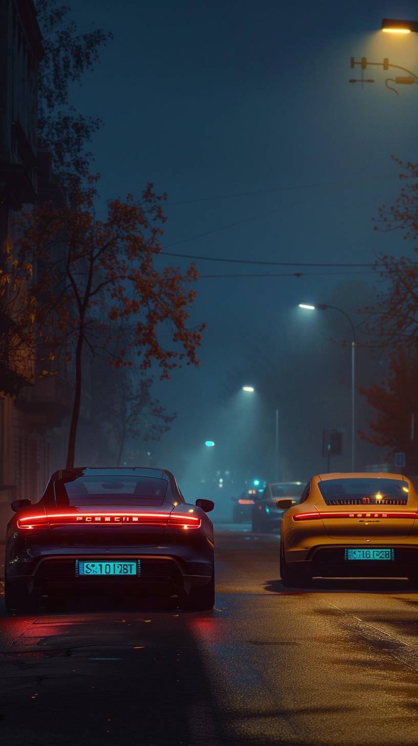 A black Porsche Taycan and a yellow 911 model 992 stand side by side without plates. The background wall is clean, with warm tones and a yellow accent, featuring dark tones in the background and cinematic dark light. The photography style is magazine-like, highlighting precise car details.