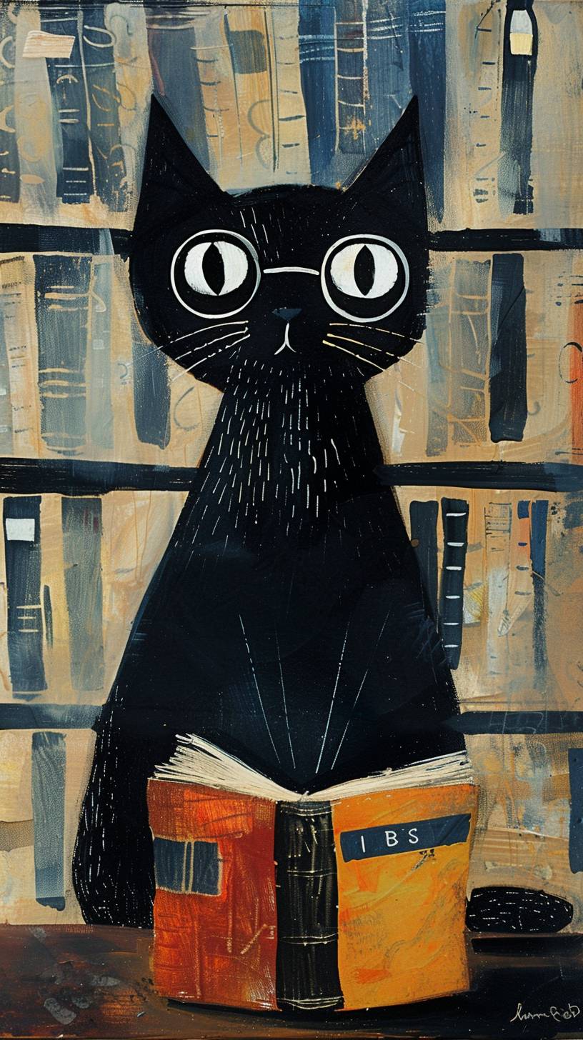 Painting by Mary Fedden depicting librarian-cat in glasses