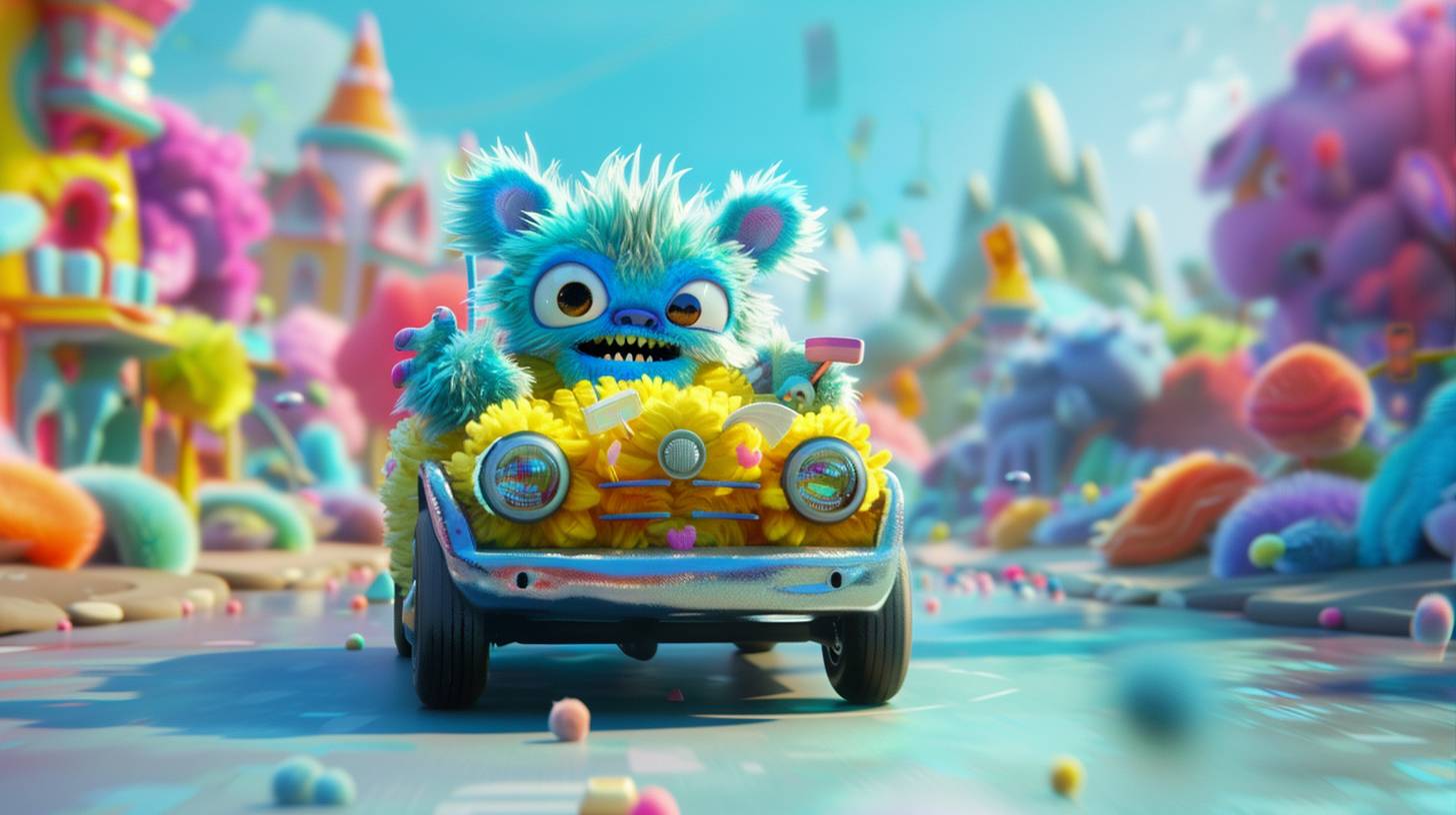 3D cartoon animation of a cute and fluffy monster riding on an open cabriolet, vivid colors