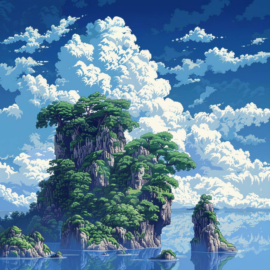 16 bit pixel art, island in the clouds, by Studio Ghibli, cinematic still, HDR
