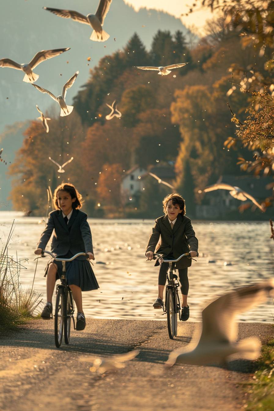 A high-resolution, full-color photograph of two young people riding bicycles along a lakeside path. The boy and girl are both wearing school uniforms, with the girl in a navy blue blazer and skirt, and the boy in a dark coat over his uniform. The scene is set during the golden hour, with the sun casting a warm glow over the water and surrounding mountains. Seagulls are flying around them, adding a dynamic and lively element to the serene and picturesque landscape.