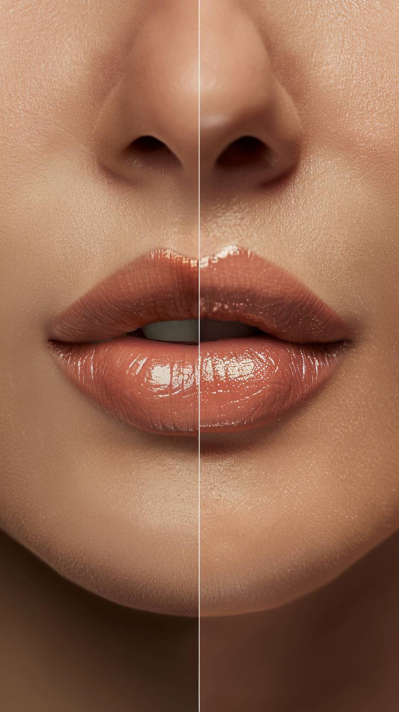 リップフィラー治療の前後効果を比較した並べ替え画像。左側の「前」の画像は自然で薄い唇を示しています。右側の「後」の画像は、より豊かでふっくらとした唇で、滑らかで向上した外観です。背景は清潔で専門的な医療オフィスの設定であり、治療からの美的な改善を強調しています。フォトリアルで高精細-AR 9：16 -V 6.0