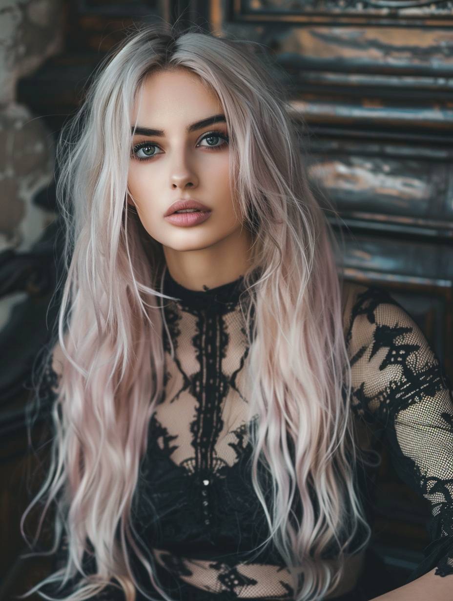 Beautiful woman with long white-pink hair, black lace dress in the style of a dark castle background, professional photography, high quality