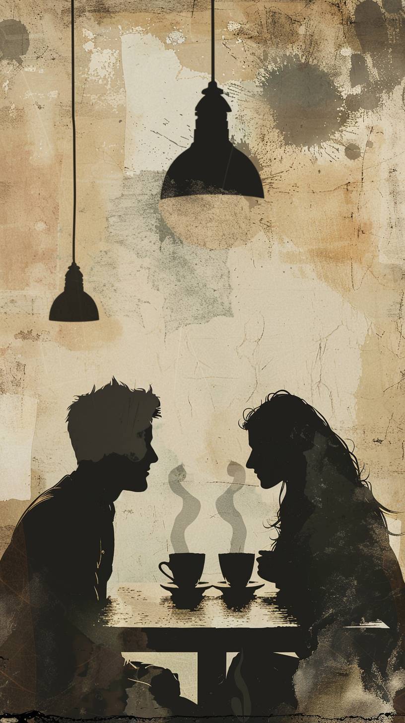 1980年代のカップルがカフェで座っている様子を描いたレトロなイラストで、薄い色合いのマットな仕上がりで、文字はありません。炭素画風の2つの湯気を立てるコーヒーカップが描かれています。