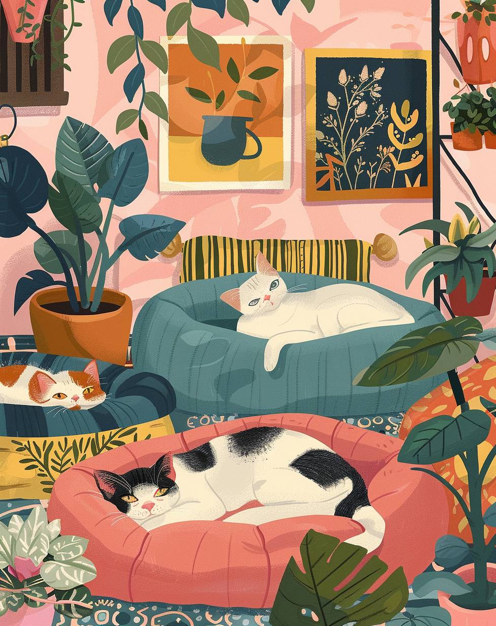 A whimsical illustration of cats lounging around in various cat beds, with colorful wall art and plants adding to the playful atmosphere. The background features pastel-colored walls adorned with vintage-inspired artwork.